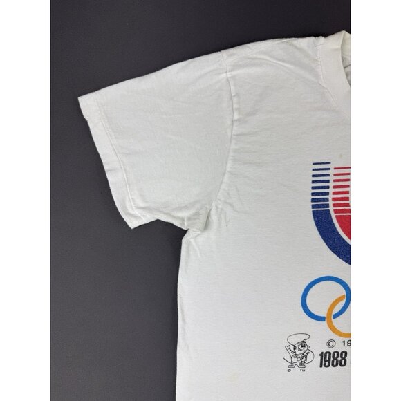 Rare Vintage 80s 1988 Seoul Korea Olympics Sport White Shirt Thrashed Paint Art - Picture 4 of 11